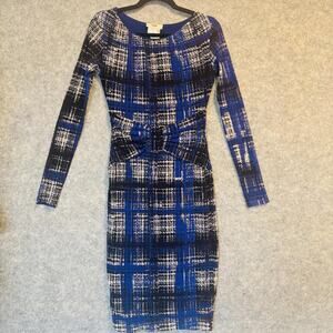 Fuzzi Dress Womens Medium Blue Black Plaid Long Sleeve Bodycon Bow Mesh Stretchy